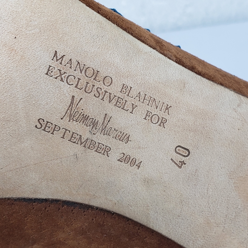 Manolo Blahnik Teal Tan Heels Pointy Toe - Picture 10 of 12